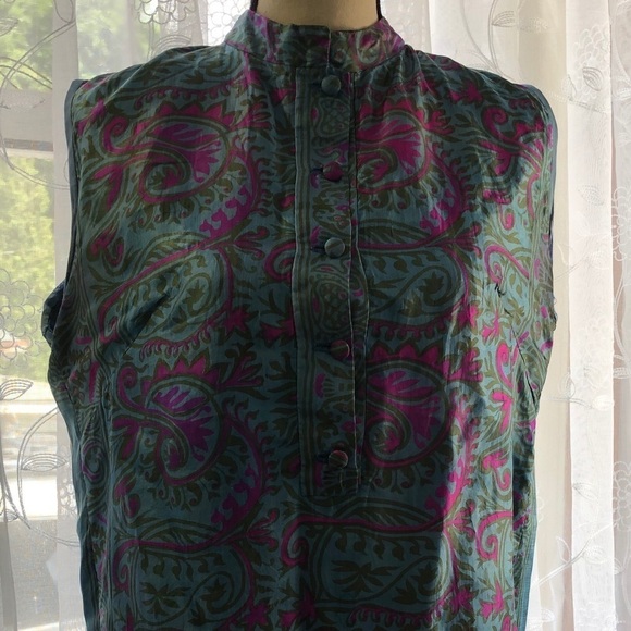 🎄100% silk tunic/shirt button front SZ L pink/blue - Picture 2 of 12